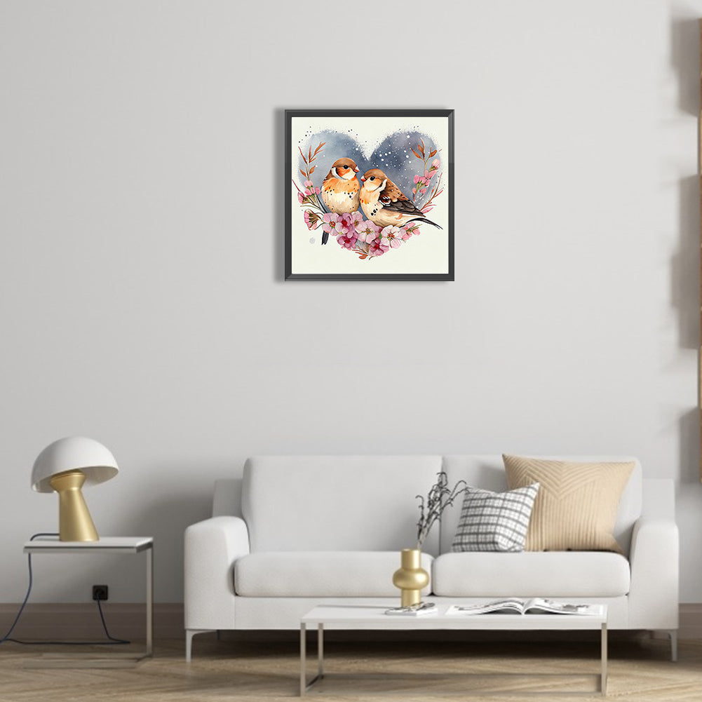 Two Sparrows In The Heart Of Love - Full Round Drill Diamond Painting 30*30CM