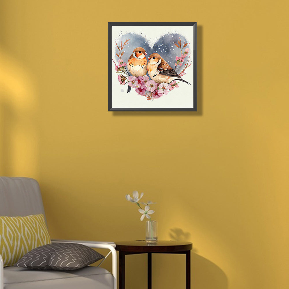 Two Sparrows In The Heart Of Love - Full Round Drill Diamond Painting 30*30CM