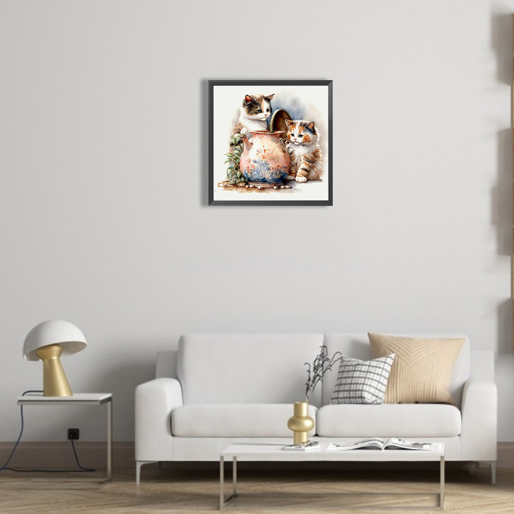 Two Kittens Digging Out A Jar - Full Round Drill Diamond Painting 30*30CM