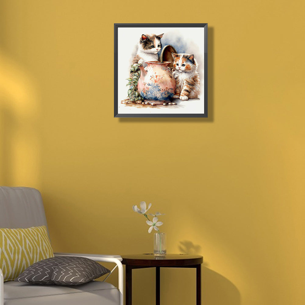 Two Kittens Digging Out A Jar - Full Round Drill Diamond Painting 30*30CM