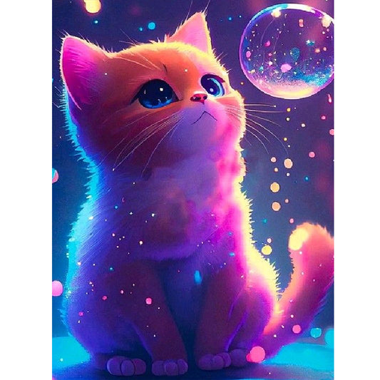 Purple Light Cute Cat - Full Round Drill Diamond Painting 30*40CM