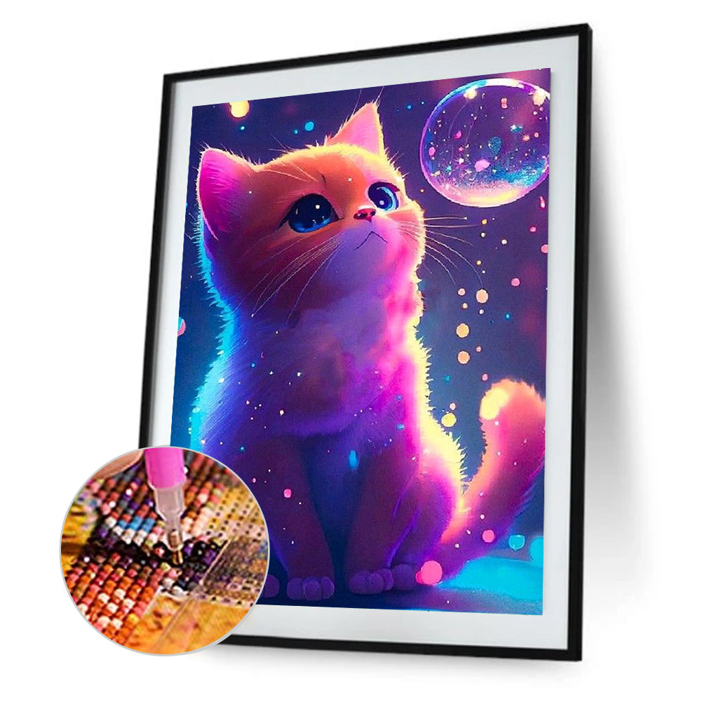 Purple Light Cute Cat - Full Round Drill Diamond Painting 30*40CM
