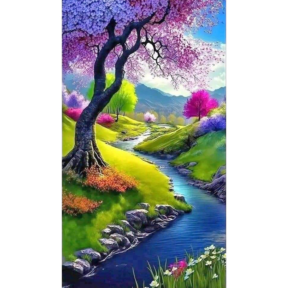 Small Tree In High Mountains And Flowing Water - Full Round Drill Diamond Painting 40*70CM