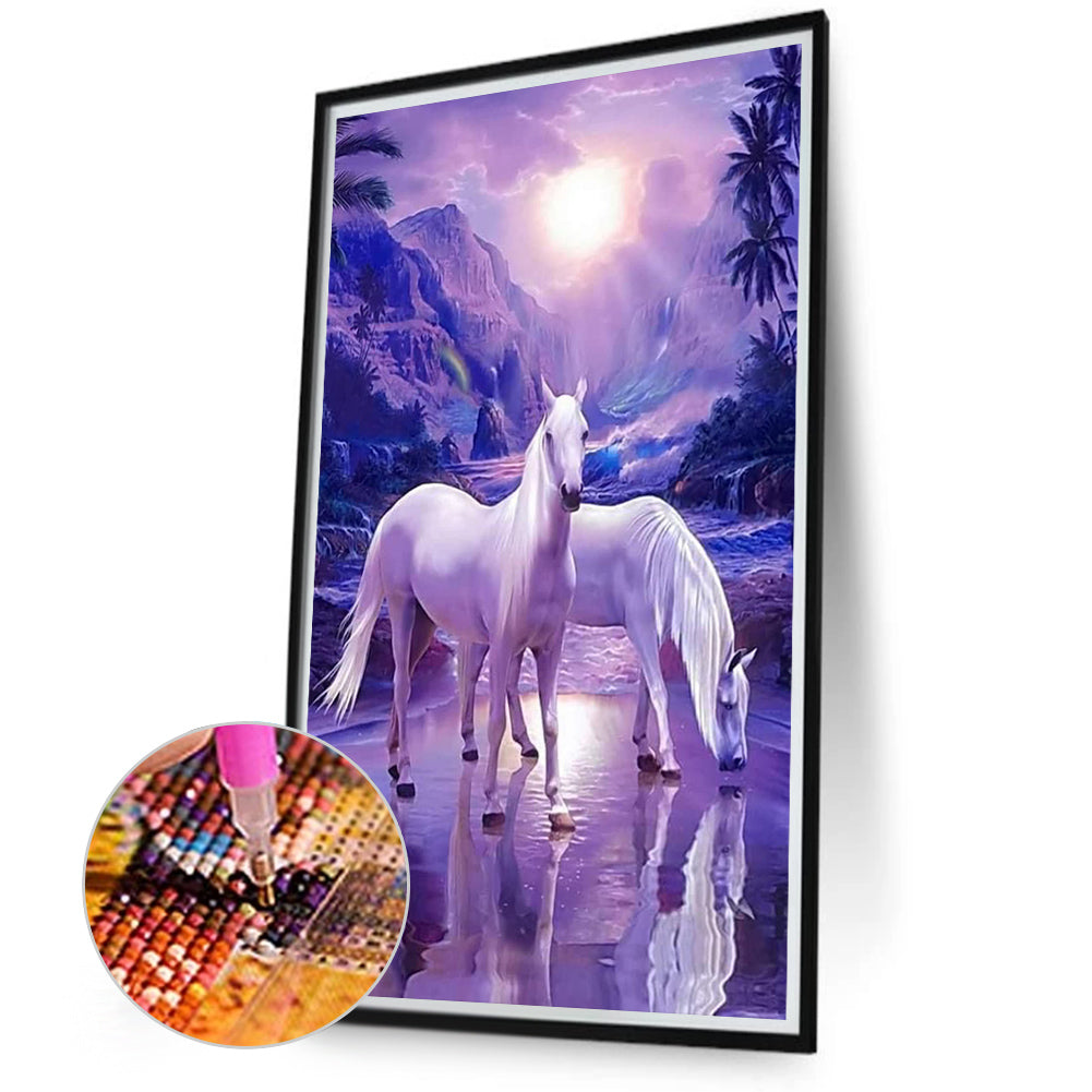 White Horse At Sunset - Full Round Drill Diamond Painting 40*70CM