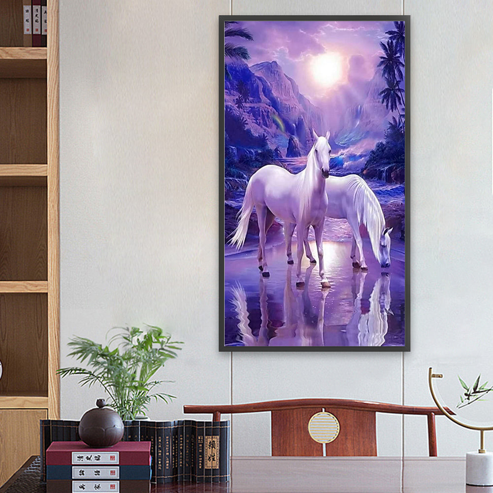 White Horse At Sunset - Full Round Drill Diamond Painting 40*70CM