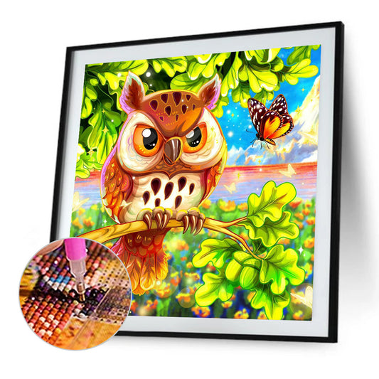 Proud Owl With Butterflies - Full Round Drill Diamond Painting 30*30CM
