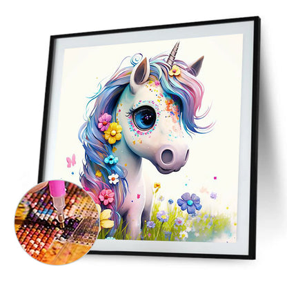 Unicorn With Floral Hairstyle - Full Round Drill Diamond Painting 30*30CM