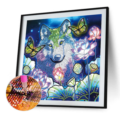 Wolfdog And Butterfly In Lotus - Special Shaped Drill Diamond Painting 30*30CM