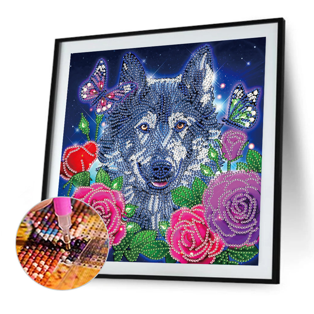 Wolfhound And Butterfly In The Rose Bush - Special Shaped Drill Diamond Painting 30*30CM