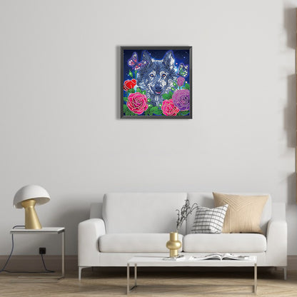 Wolfhound And Butterfly In The Rose Bush - Special Shaped Drill Diamond Painting 30*30CM