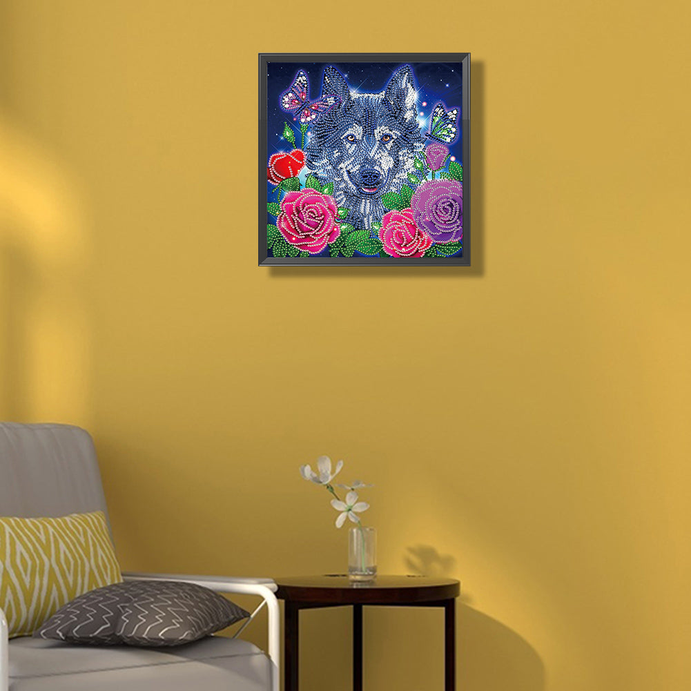 Wolfhound And Butterfly In The Rose Bush - Special Shaped Drill Diamond Painting 30*30CM