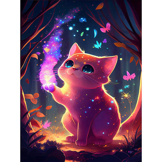 Purple Light Cute Cat - Full Round Drill Diamond Painting 30*40CM