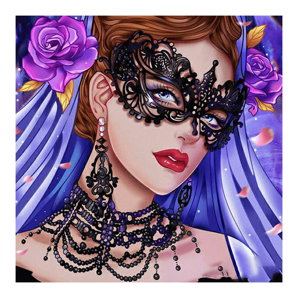 Masquerade Girl With Purple Hair And Rose - Full Round Drill Diamond Painting 30*30CM