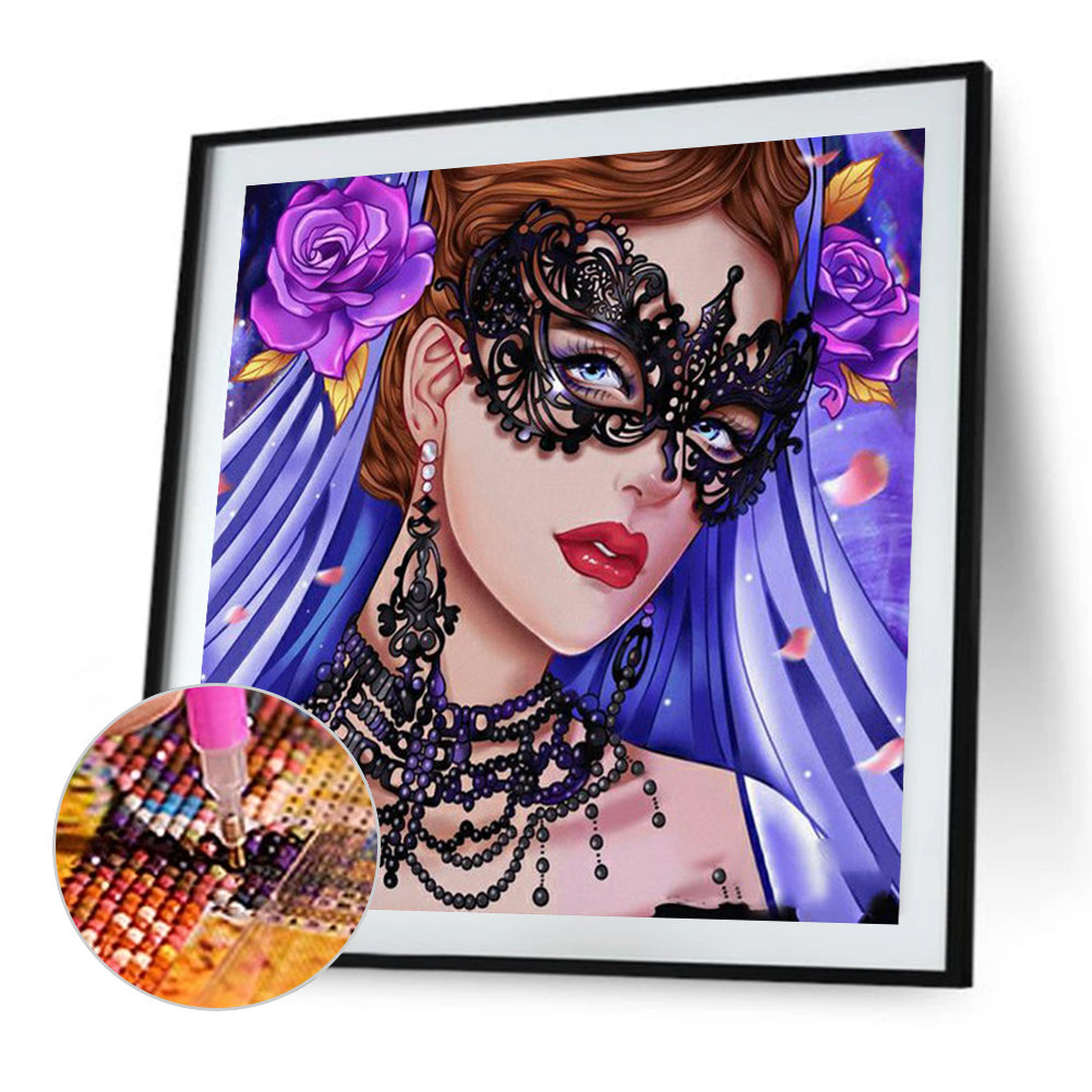 Masquerade Girl With Purple Hair And Rose - Full Round Drill Diamond Painting 30*30CM