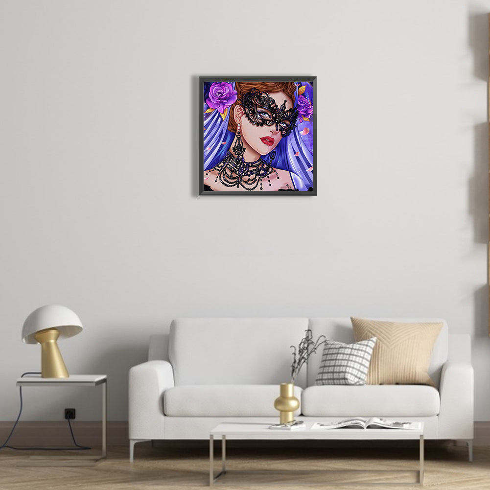 Masquerade Girl With Purple Hair And Rose - Full Round Drill Diamond Painting 30*30CM