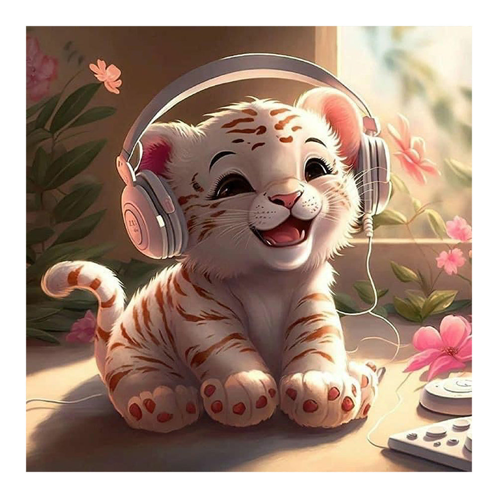 Little Tiger Listening To Music - Full Round Drill Diamond Painting 30*30CM