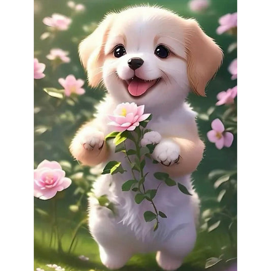 Dog Picking Flowers - Full Round Drill Diamond Painting 30*40CM