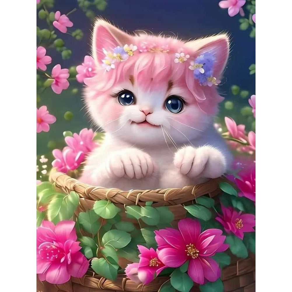 Cat In Flower Basket - Full Round Drill Diamond Painting 30*40CM