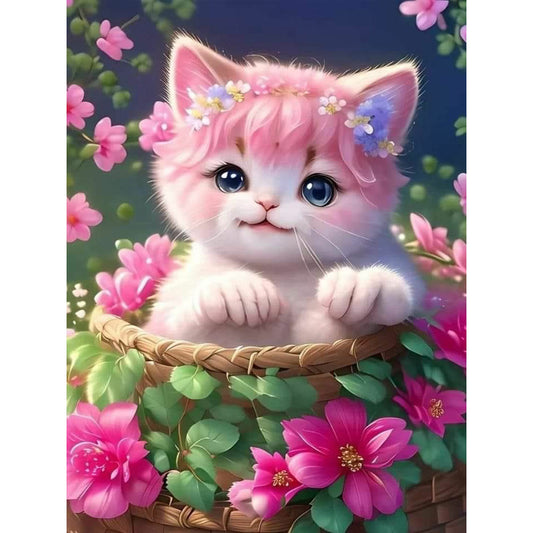 Cat In Flower Basket - Full Round Drill Diamond Painting 30*40CM