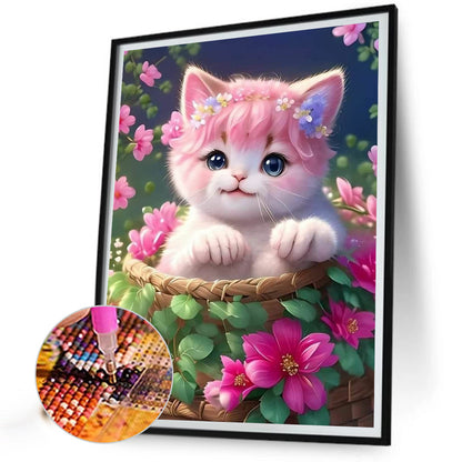 Cat In Flower Basket - Full Round Drill Diamond Painting 30*40CM