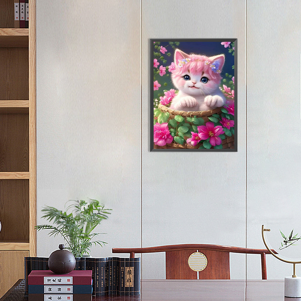 Cat In Flower Basket - Full Round Drill Diamond Painting 30*40CM