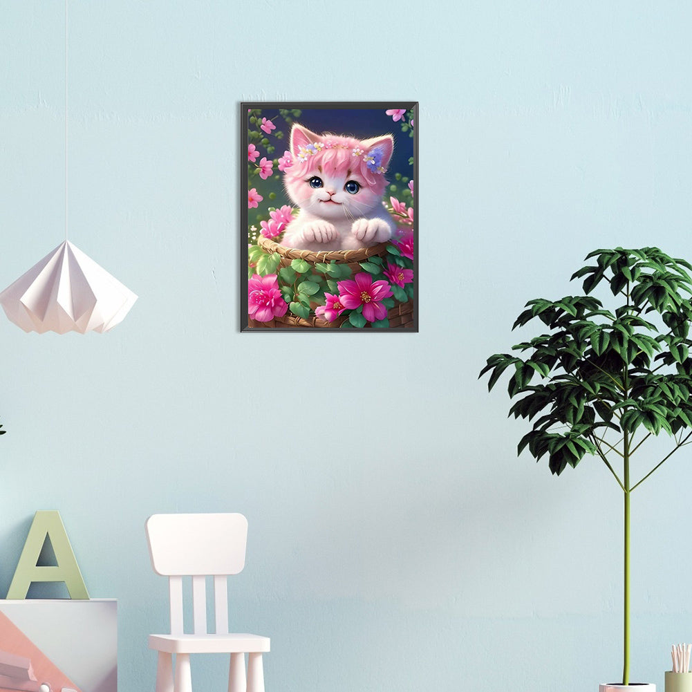 Cat In Flower Basket - Full Round Drill Diamond Painting 30*40CM