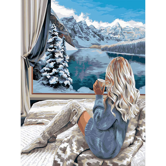 Winter Mountain Lake Girl - Full Round Drill Diamond Painting 35*45CM
