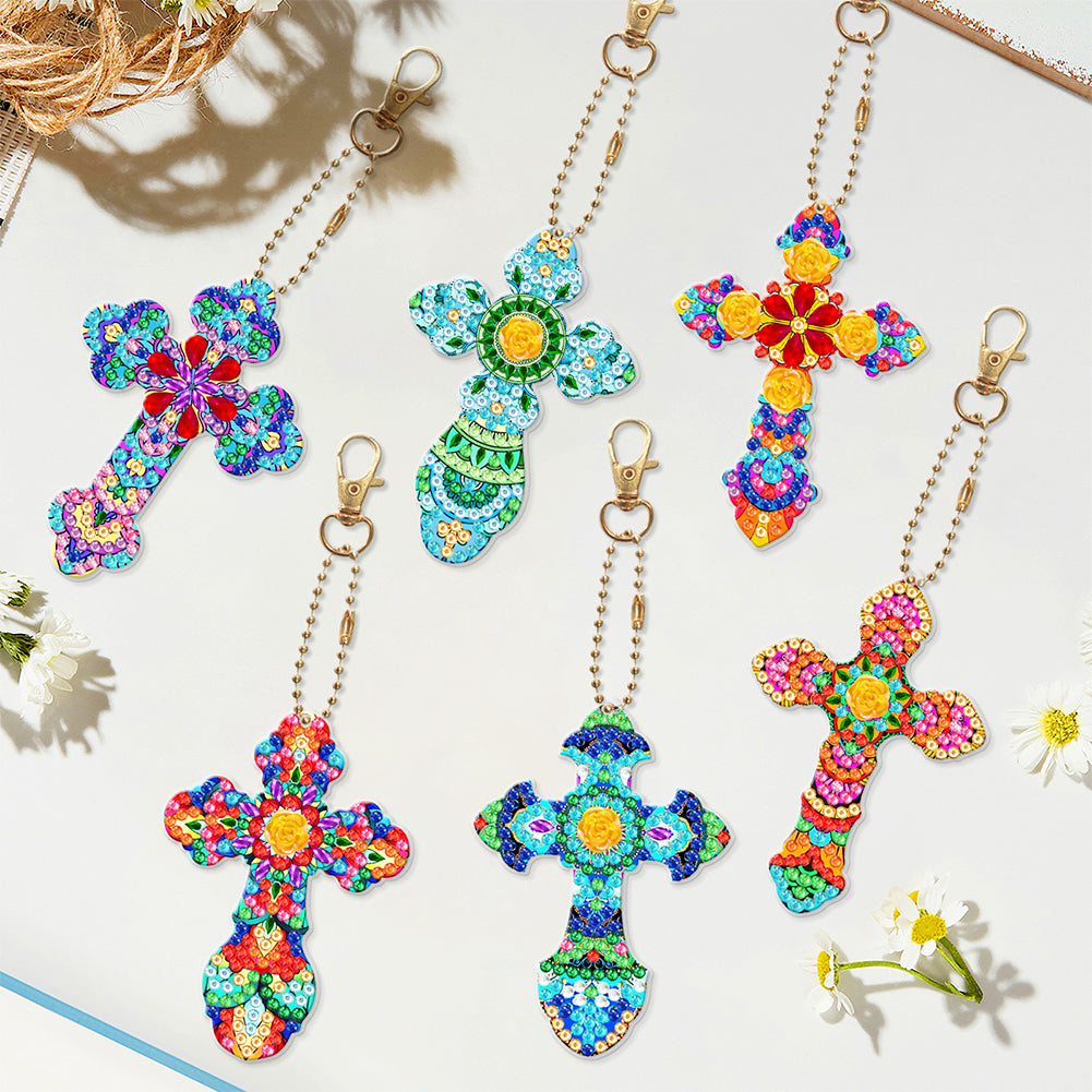 6pcs Cross Diamond Painting Keychain DIY Diamond Mosaic Kit Bag Pendant