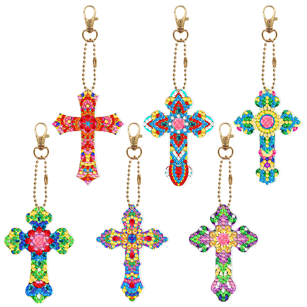 6pcs Cross Diamond Painting Keychain DIY Diamond Mosaic Kit Bag Pendant