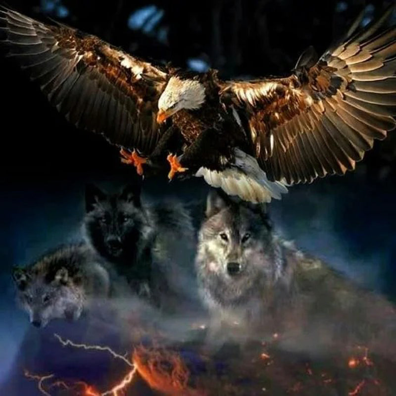 Night Wolf And Eagle - Full Round Drill Diamond Painting 30*30CM