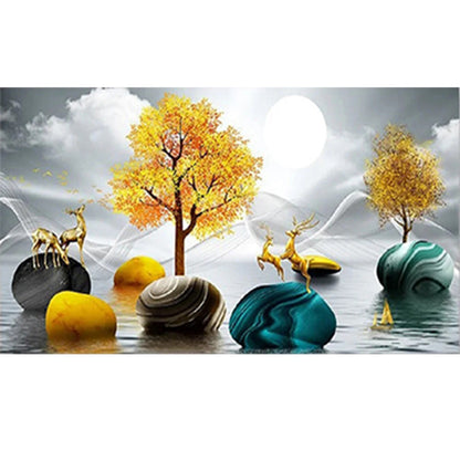 Golden Deer Golden Tree Chinese Style Zen Intention - Full Round Drill Diamond Painting 70*40CM