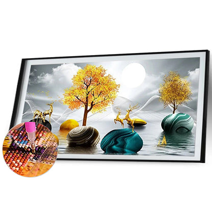 Golden Deer Golden Tree Chinese Style Zen Intention - Full Round Drill Diamond Painting 70*40CM