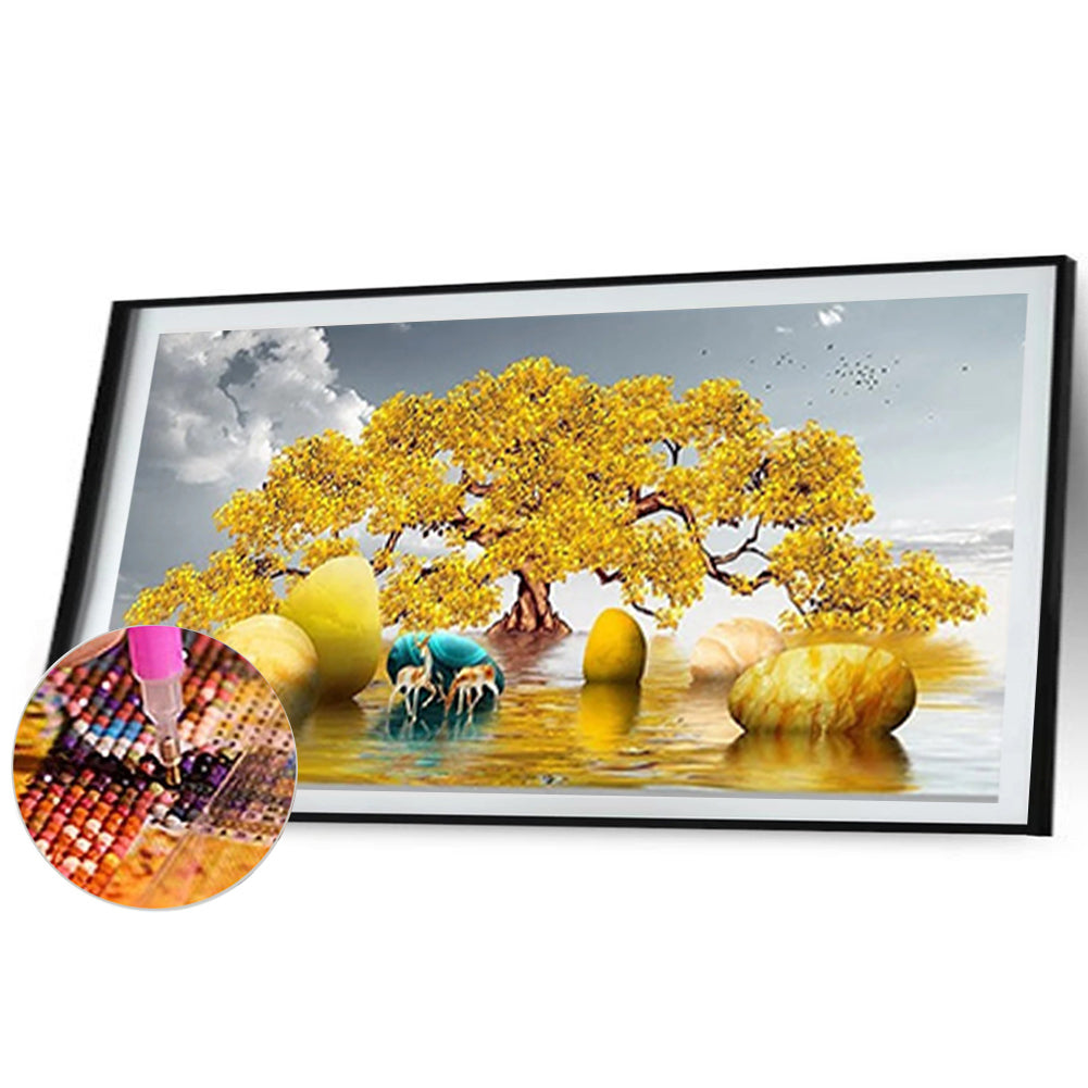 Golden Deer Golden Tree Chinese Style Zen Intention - Full Round Drill Diamond Painting 70*40CM