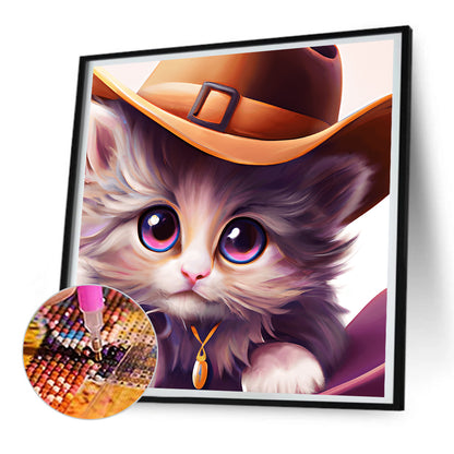 Western Cowboy Hat Kitten - Full Round Drill Diamond Painting 30*30CM