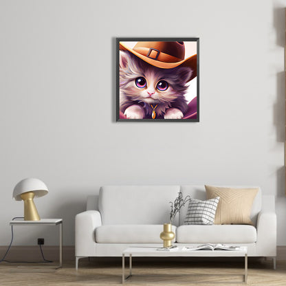 Western Cowboy Hat Kitten - Full Round Drill Diamond Painting 30*30CM