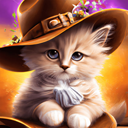 Western Cowboy Hat Kitten - Full Round Drill Diamond Painting 30*30CM