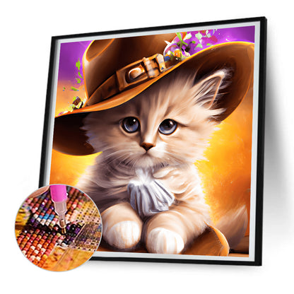 Western Cowboy Hat Kitten - Full Round Drill Diamond Painting 30*30CM