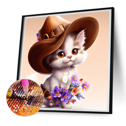 Western Cowboy Hat Kitten - Full Round Drill Diamond Painting 30*30CM