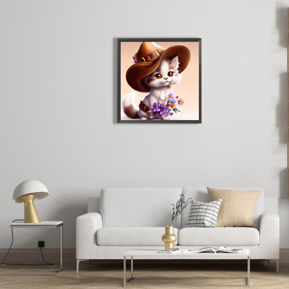 Western Cowboy Hat Kitten - Full Round Drill Diamond Painting 30*30CM