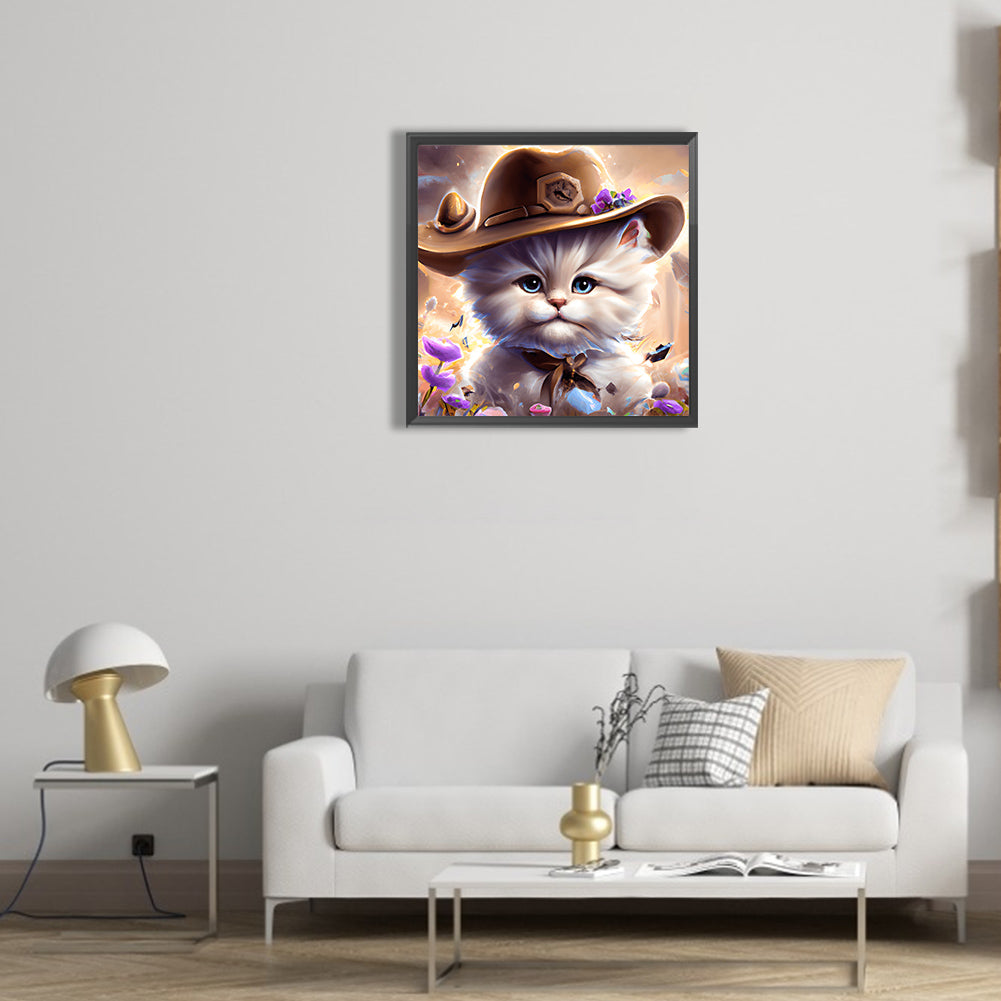Western Cowboy Hat Kitten - Full Round Drill Diamond Painting 30*30CM