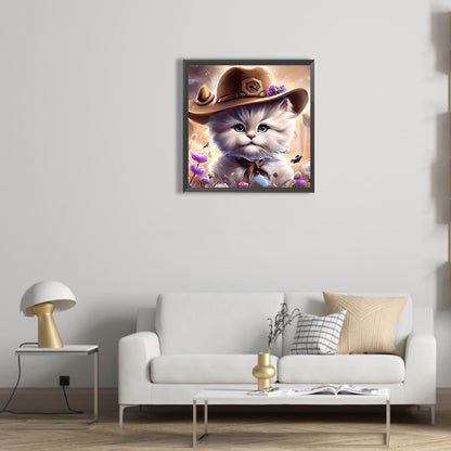 Western Cowboy Hat Kitten - Full Round Drill Diamond Painting 30*30CM