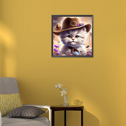 Western Cowboy Hat Kitten - Full Round Drill Diamond Painting 30*30CM
