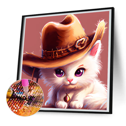 Western Cowboy Hat Kitten - Full Round Drill Diamond Painting 30*30CM