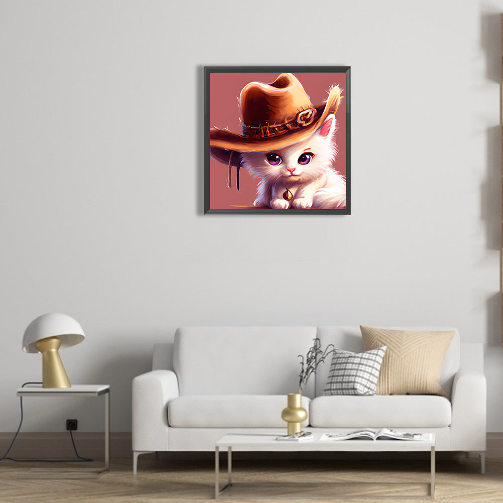 Western Cowboy Hat Kitten - Full Round Drill Diamond Painting 30*30CM