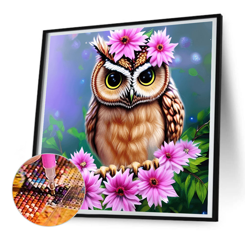 Owl In The Flowers - Full Round Drill Diamond Painting 30*30CM