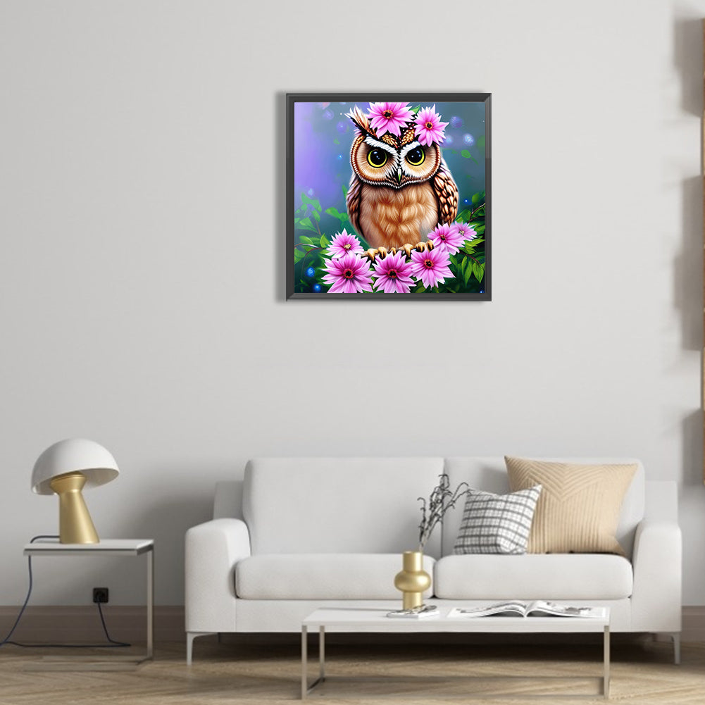 Owl In The Flowers - Full Round Drill Diamond Painting 30*30CM