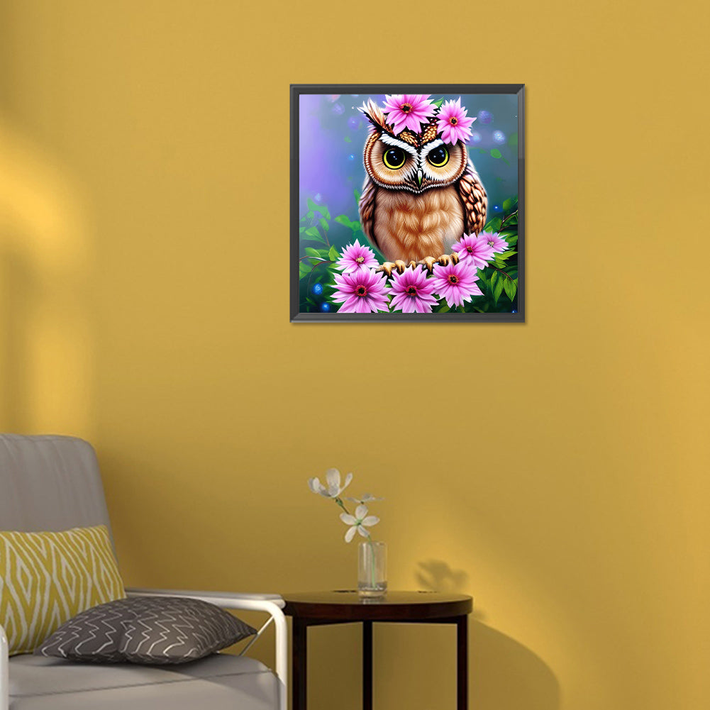Owl In The Flowers - Full Round Drill Diamond Painting 30*30CM