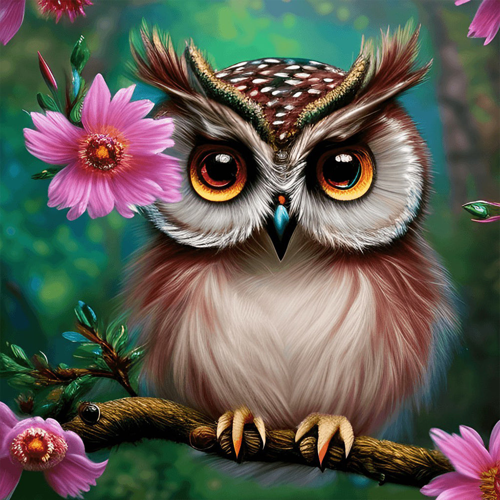 Owl In The Flowers - Full Round Drill Diamond Painting 30*30CM
