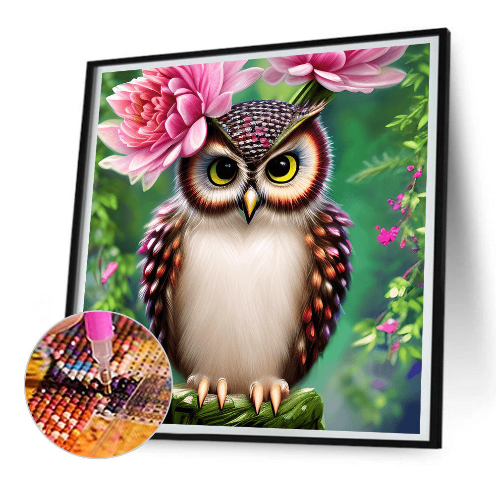Owl In The Flowers - Full Round Drill Diamond Painting 30*30CM