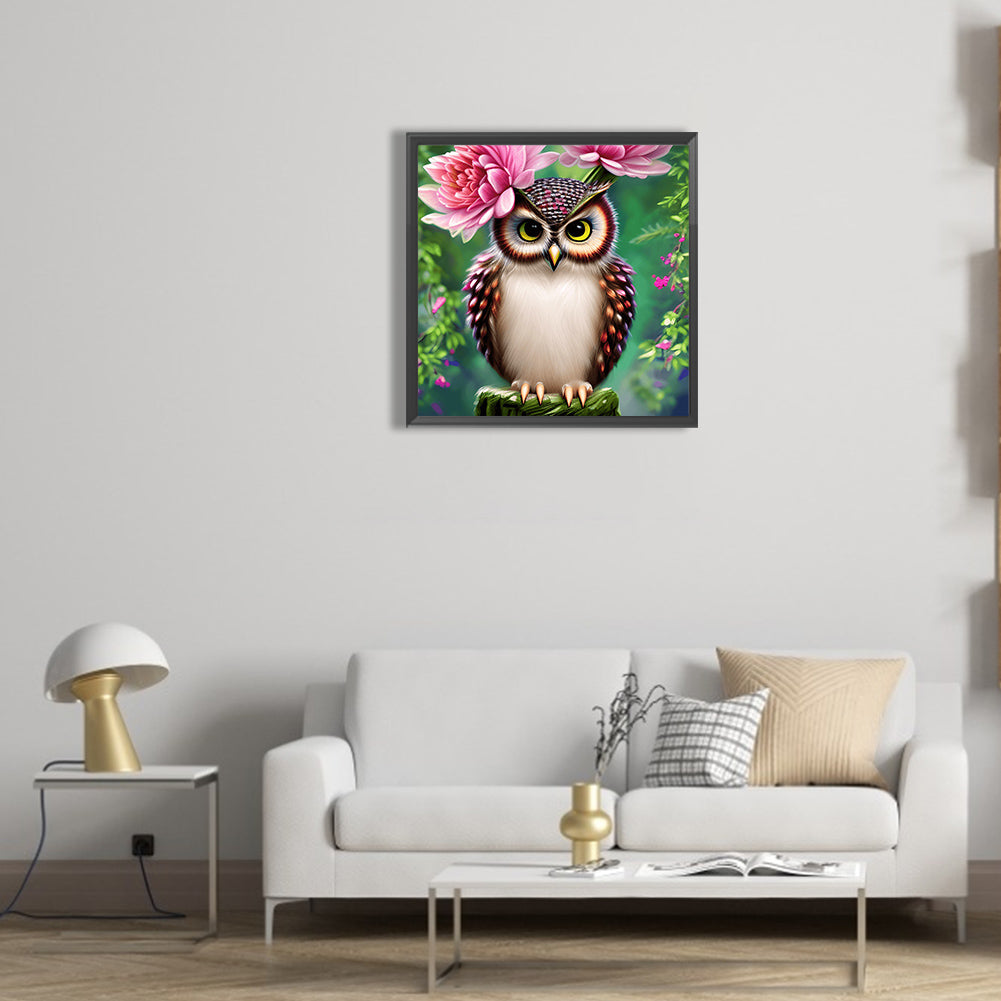 Owl In The Flowers - Full Round Drill Diamond Painting 30*30CM